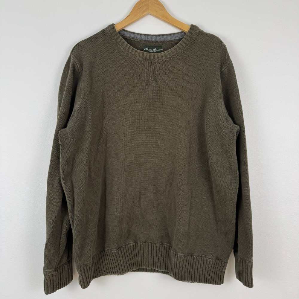 Eddie Bauer Seattle USA Mens L Cotton Crew Neck Sweater Olive Green Classic - Picture 1 of 11